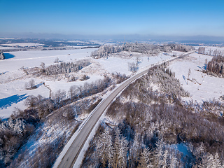Image showing Aerial view of winter road, in sunny day