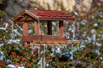 Image showing bird feeder in frozen snowy winter garden