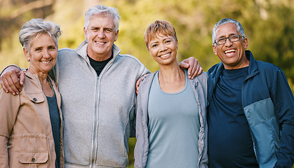 Image showing Portrait, hiking or couple of senior friends in nature trekking, walking or hiking for peace or freedom. Travel adventure, partnership or happy elderly people enjoy fun bonding, fitness or exercise