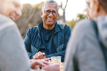 Image showing Happy, chess or couple of friends in nature playing a board game, bonding or talking about a funny story. Park, support or healthy senior people laughing at a joke and enjoying quality relaxing time