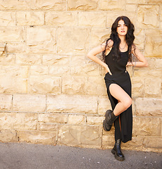 Image showing Young, woman and fashion with portrait and gen z youth with 90s grunge style or streetwear against concrete wall. Black, trendy and edgy with stylish model girl in Italy with designer clothes mockup