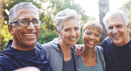 Image showing Nature, selfie and senior friends on a hike for wellness, exercise and health in the woods. Happy, smile and portrait of a group of elderly people in retirement in forest trekking together in summer.