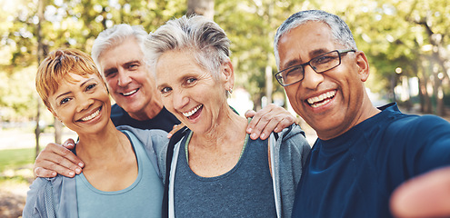 Image showing Nature, selfie and senior friends on a hike for wellness, exercise and health in the woods. Happy, smile and portrait of a group of elderly people in retirement in forest trekking together in summer.