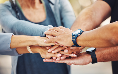 Image showing Hands, group and fitness target for wellness, health and results in nature. Teamwork with hand, friends connect and partnership for deal, goal and success together, celebration and sport achievement.