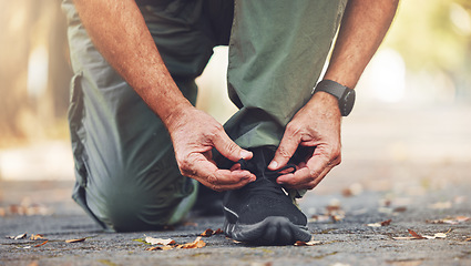 Image showing Fitness, road or hands tie shoes for running exercise, workout or training on street, ground or asphalt. Footwear, start or healthy old mans legs ready for walking, trekking or exercising challenge