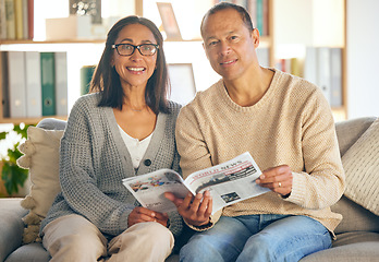 Image showing House, relax or couple with newspaper or magazine reading local political information while resting on living room sofa. Portrait, portrait or happy woman loves reading or bonding with mature partner