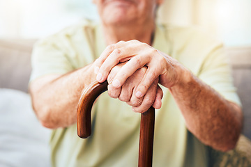 Image showing Elderly man, hands and walking stick for disability or old age, retirement and nursing home with senior care. Old man relax with wood cane for walking support, osteoporosis and arthritis.