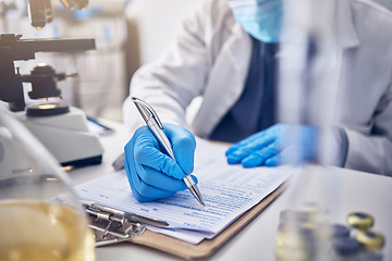 Image showing Research, clipboard and scientist writing, checklist and schedule form in laboratory. Science, researchers and make notes for data analysis, sample test and innovation for healthcare and medical cure