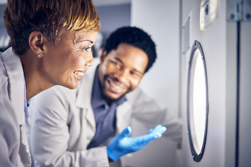 Image showing Science, man and woman in laboratory, research and test sample for cure, vaccine or conversation. Researchers, scientist or staff talking, data analysist and check experiment for innovation or expert