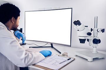 Image showing Mockup, science and black man with computer, research and typing for data analysis, healthcare and cure. Medical professional, researcher and Nigerian scientist with focus, online search and digital.