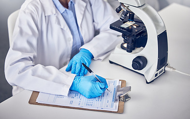 Image showing Research, clipboard and scientist writing, checklist and schedule form in laboratory. Science, researchers and make notes for data analysis, sample test and innovation for healthcare and medical cure