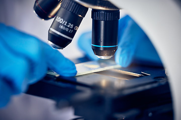 Image showing Microscope, bacteria or hands working in a science or chemistry laboratory for future healthcare innovation. Research, biotechnology or scientist testing germs, molecules or particles on petri dish