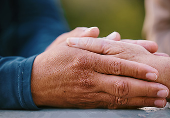 Image showing Hands zoom, support and care with trust, love and commitment with comfort outdoor. Holding hands, help and advice with elderly people, helping hand with gratitude or empathy with partnership.