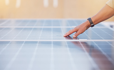 Image showing Solar energy, sustainability or hand on solar panels for quality control or quality assurance in an inspection. Innovation, man or engineer working on building energy saving photovoltaic construction