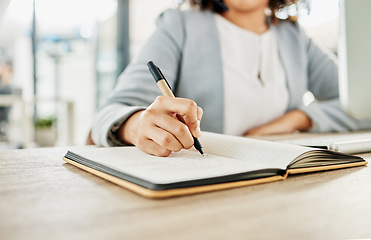 Image showing Notebook, pen and hands of woman writing, planning and working on calendar schedule for corporate business event. Paper, receptionist and secretary with pencil, planner and journal for message notes