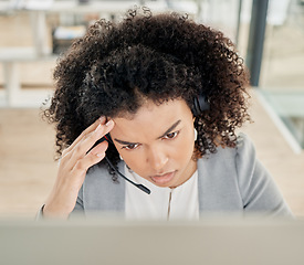 Image showing Call center, black woman with headache and stress, burnout with contact us and mistake with customer feedback. Depression, job mental health with customer service fail and CRM problem with employee.