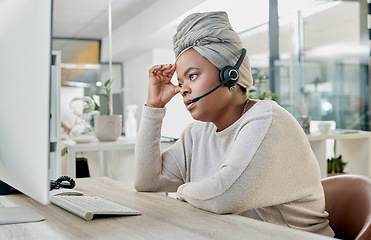 Image showing Call center, black woman with headache from burnout, employee fatigue, frustrated and glitch with CRM, contact us and computer. Mental health, pain and computer screen, tired and mistake with crisis.