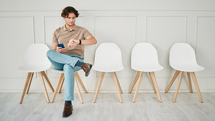 Image showing Recruitment waiting room, phone and man with watch to check job interview time, schedule or appointment. Job search, hiring and person with late interview delay, smartwatch clock app and mobile tech