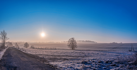 Image showing Winter foggy and misty sunrise landscape