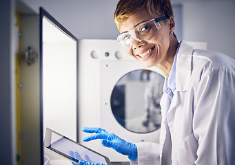 Image showing Science, tablet or lab portrait of woman with safety storage for pharmaceutical innovation, medical development or medicine research. Security safe, ppe or scientist with tech for laboratory analysis