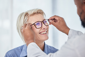 Image showing Vision, glasses with doctor and patient, eyes health and optometry, senior woman with black man at clinic. Eye exam, ophthalmology and health insurance with happy customer, consultation and glaucoma.