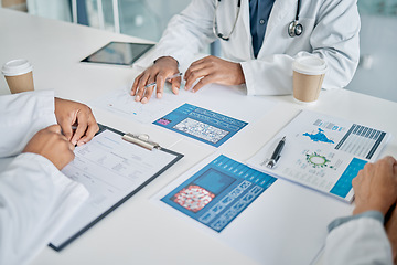 Image showing Doctors, medical innovation and healthcare with team and paperwork for research study, meeting and collaboration. Hospital, health and teamwork with medicine documents, doctor hands and science.