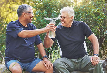 Image showing Exercise, senior men and water bottle for fitness, wellness and health. Mature athletes, runners and hydration for rest, talking and workout for cardio, power or energy for healthy lifestyle and park