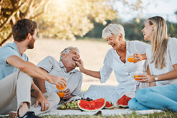 Image showing Picnic, laughing family and senior parents, daughter and son having fun, eating grapes and enjoy outdoor nature, park or bond. Watermelon fruits, comedy and relax elderly mom, dad or people together