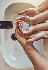 Image showing Bathroom, family and cleaning hands with water emoji from above, help and learning healthy hygiene together. Washing dirt, germs or bacteria, parents and kid in home for wellness, safety or care.