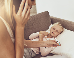 Image showing Mom, phone call and sick child on sofa with thermometer, telehealth and communication for advice. Healthcare, fever and mother with sleeping daughter on couch on mobile chat for medical consultation.