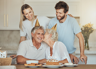 Image showing Birthday, family and senior parents with cake for party, celebration and festive event in home. Happy, smile and elderly mother, father and couple with dessert, decoration and celebrate for love