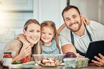 Image showing Portrait of happy family in kitchen, cooking with kid and smile, learning and nutrition with parents smile. Mom, dad and girl child making healthy food in home with care, support and love at lunch.