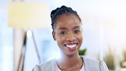 Image showing Portrait, black woman and business in office for corporate company and positive mindset for career. Law, attorney and legal advisor with happiness or professional employee with pride for court or job