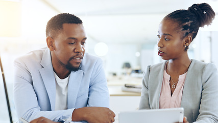 Image showing Black people, tablet and teamwork for business, brainstorming and planning strategy together in office. Technology, collaboration and African corporate consultants in discussion for research project