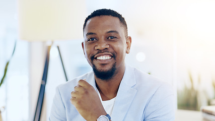 Image showing Portrait, black man and business in office for corporate company and positive mindset for career. Law, attorney and legal advisor with happiness or professional employee with pride for court or job