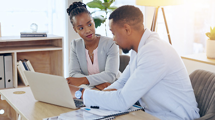 Image showing Black people, laptop and teamwork for business, planning and brainstorming strategy together in office. Computer, collaboration and African corporate consultants in discussion for research project