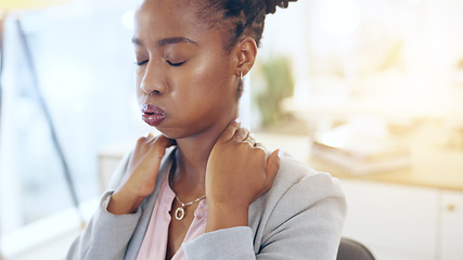 Image showing Black woman, neck pain and injury in stress, pressure or burnout from mistake or anxiety at office. Frustrated African female person or business employee with sore ache and overworked at workplace
