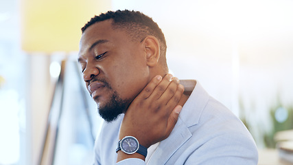Image showing Black man, neck pain and injury at office in stress, pressure or burnout from mistake or anxiety. Tired African businessman, person or employee with sore ache, strain or overworked at workplace