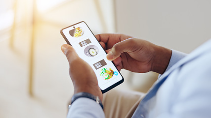 Image showing Hands, phone screen and food delivery from restaurant app for lunch in workplace with online shopping. Hungry person, smartphone and website ux for search, deal and discount with choice for order