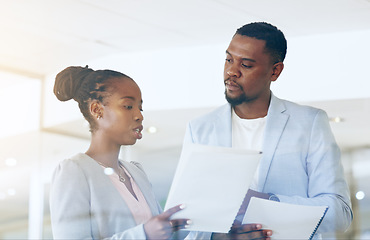 Image showing Business people, teamwork and planning with documents, financial taxes and company revenue or report in window. Professional african woman, manager or employees with paperwork, feedback or accounting