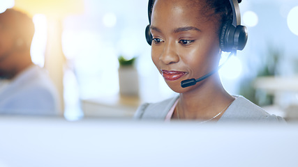 Image showing Call center, computer and black woman in telemarketing, support or contact us at help desk in office. Customer service, sales agent and African consultant in communication, online advice and business
