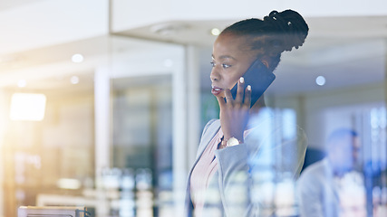 Image showing Business woman, phone call and thinking by window in communication, human resources networking and decision. African worker talking on mobile with reflection, ideas and solution for company employees