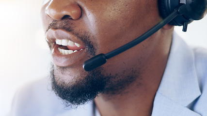 Image showing African man, closeup and call center for talking, microphone and voip tech for telemarketing, sales or contact us. Consultant, crm and customer service agent with headphones for advice at help desk