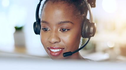 Image showing African woman, call center and talk for contact us, microphone and voip tech for telemarketing sales. Consultant, thinking and customer service agent with reading, headphones and advice at help desk