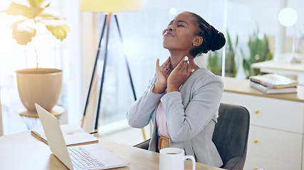 Image showing Black woman, neck pain and injury at office in stress, pressure or burnout from mistake or anxiety. Frustrated African female person or business employee with sore ache or muscle tension at workplace