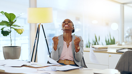Image showing Success, winning and black woman accountant celebrate financial bonus, growth and achievement in company office. Paperwork, document and professional employee excited and happy for deal or increase