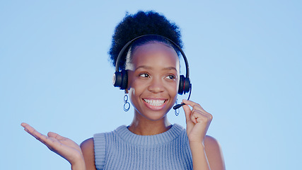 Image showing Woman thinking, call center and communication questions in studio for customer service, telemarketing or sales pitch. African consultant, agent or worker ideas, offer or solution on a blue background