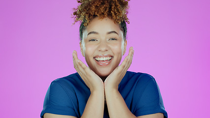 Image showing Happy woman, portrait and wow for skincare, cosmetics or makeup results and dermatology on pink background. Face of a young, African person or winner for facial beauty or skin care surprise in studio
