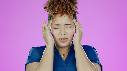 Image showing Headache, black woman and pain from stress, burnout and uncomfortable ache in studio on pink background. Migraine, African person and hypertension, strain or sinus tension from allergy, worry or risk