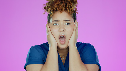 Image showing Wow, surprise and portrait of woman with fear, worried and scared isolated in a studio purple background. Confused, omg and shocked young person in Brazil amazed by announcement, gossip or secret